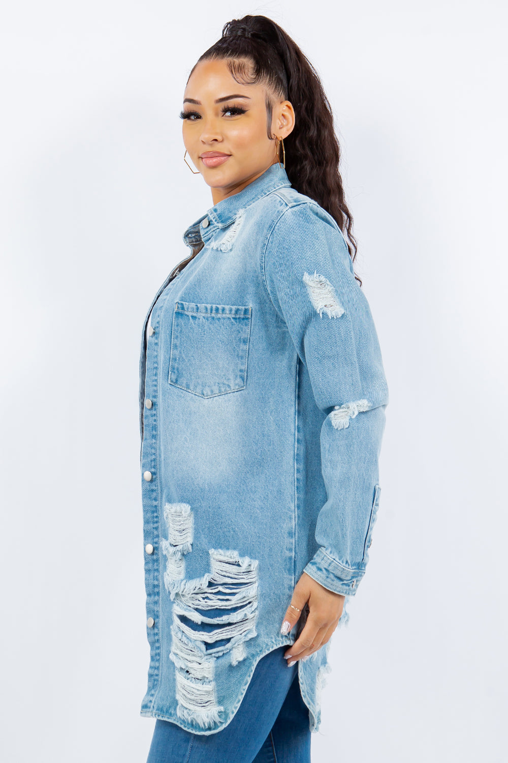 American Bazi Distressed Button Up Long Sleeve Denim Jacket  Trendsi   