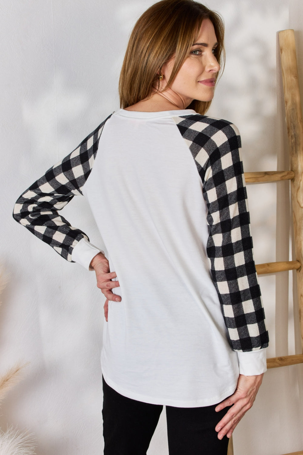 Hailey & Co Full Size Plaid Raglan Sleeve Round Neck Blouse  Trendsi   