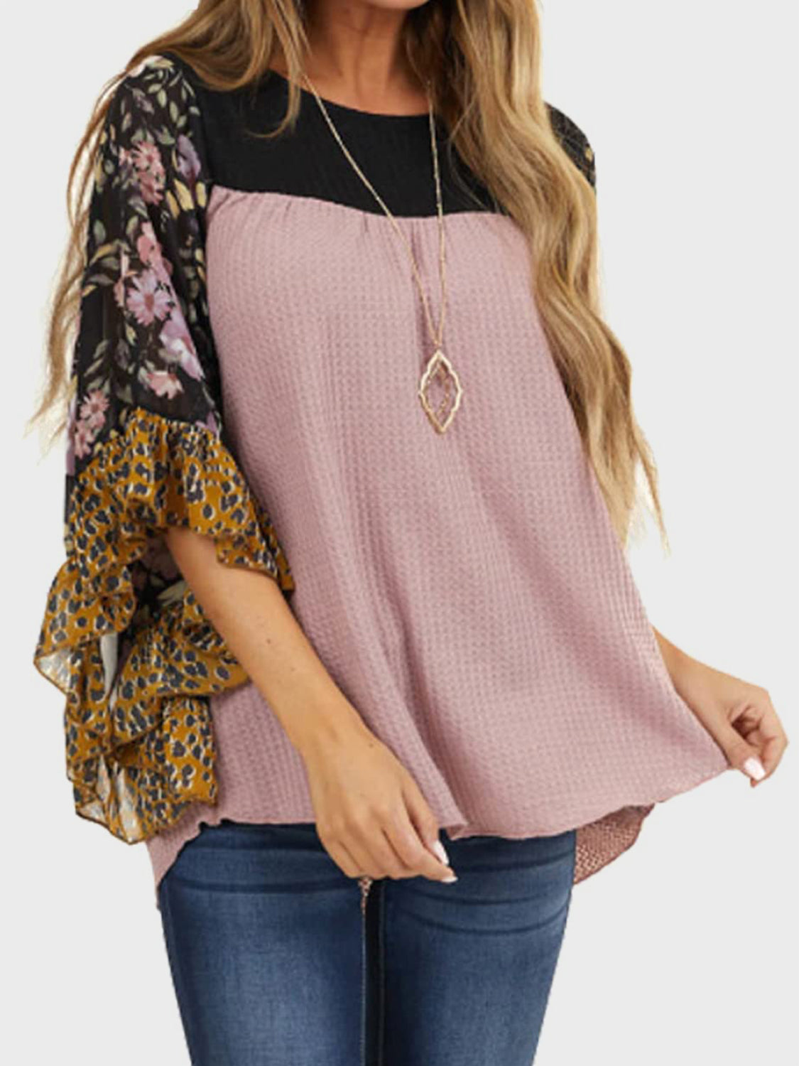 Full Size Printed Round Neck Three-Quarter Sleeve Blouse  Trendsi   