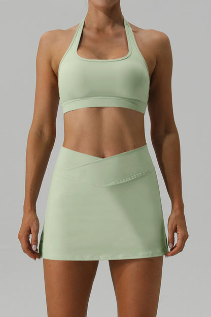 Halter Neck Tank and Slit Skirt Active Set  Trendsi Light Green S 