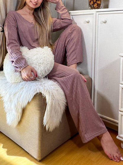 V-Neck Long Sleeve Top and Pants Set  Trendsi   