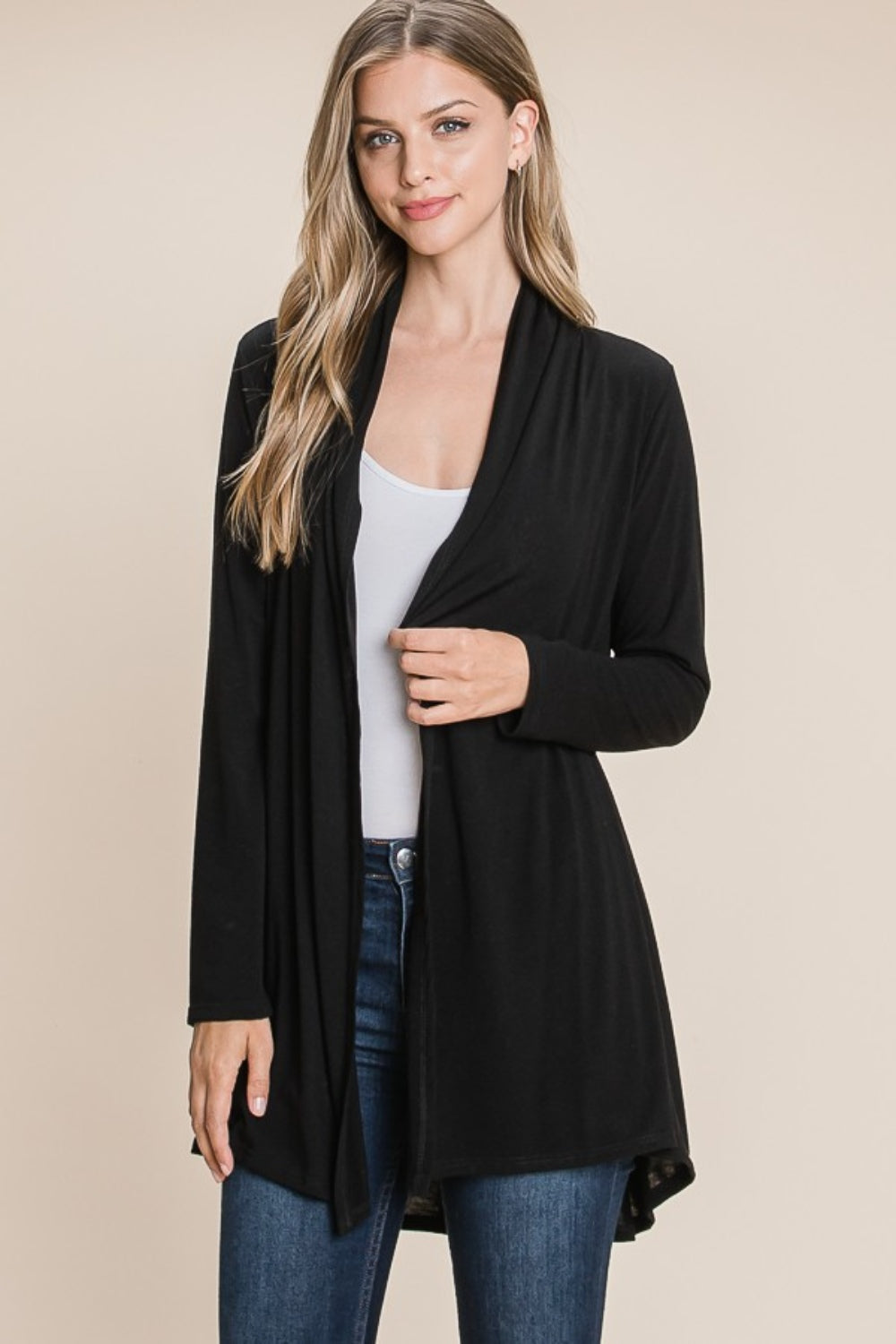 BOMBOM Open Front Long Sleeve Cardigan  Trendsi Black S 