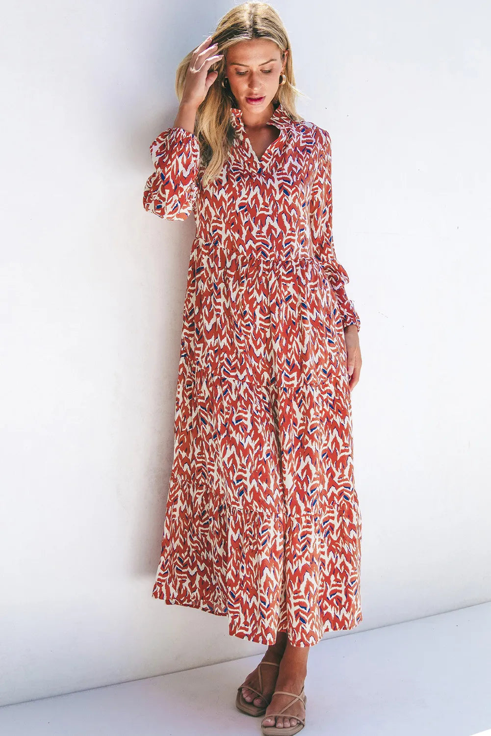 Printed Notched Long Sleeve Dress  Trendsi   