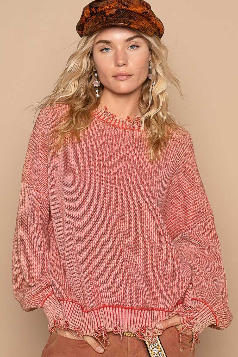 POL Distressed Washed Drop Shoulder Sweater  Trendsi Red Brick S 