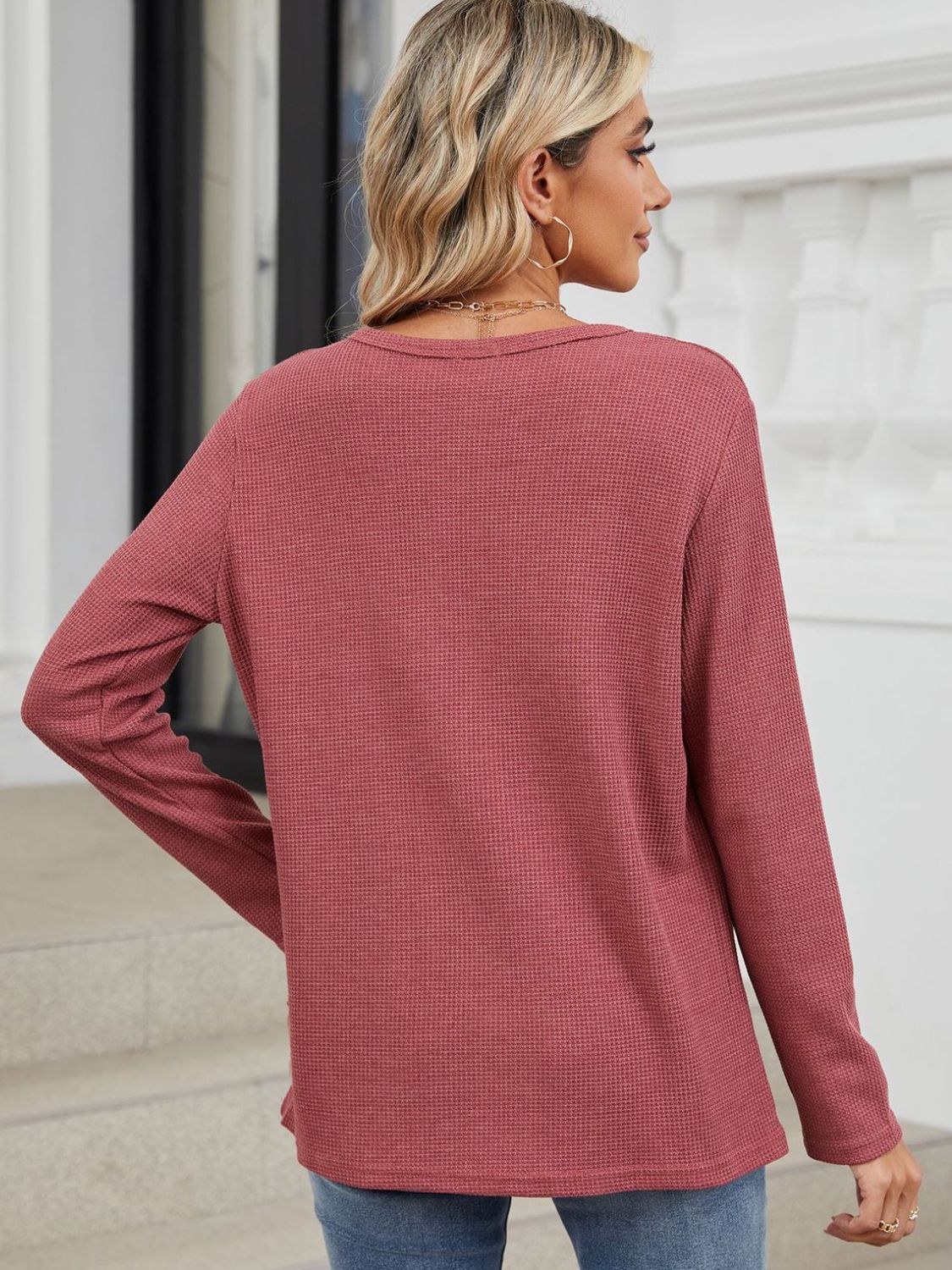 Waffle-Knit Notched Long Sleeve T-Shirt T-Shirt Trendsi   