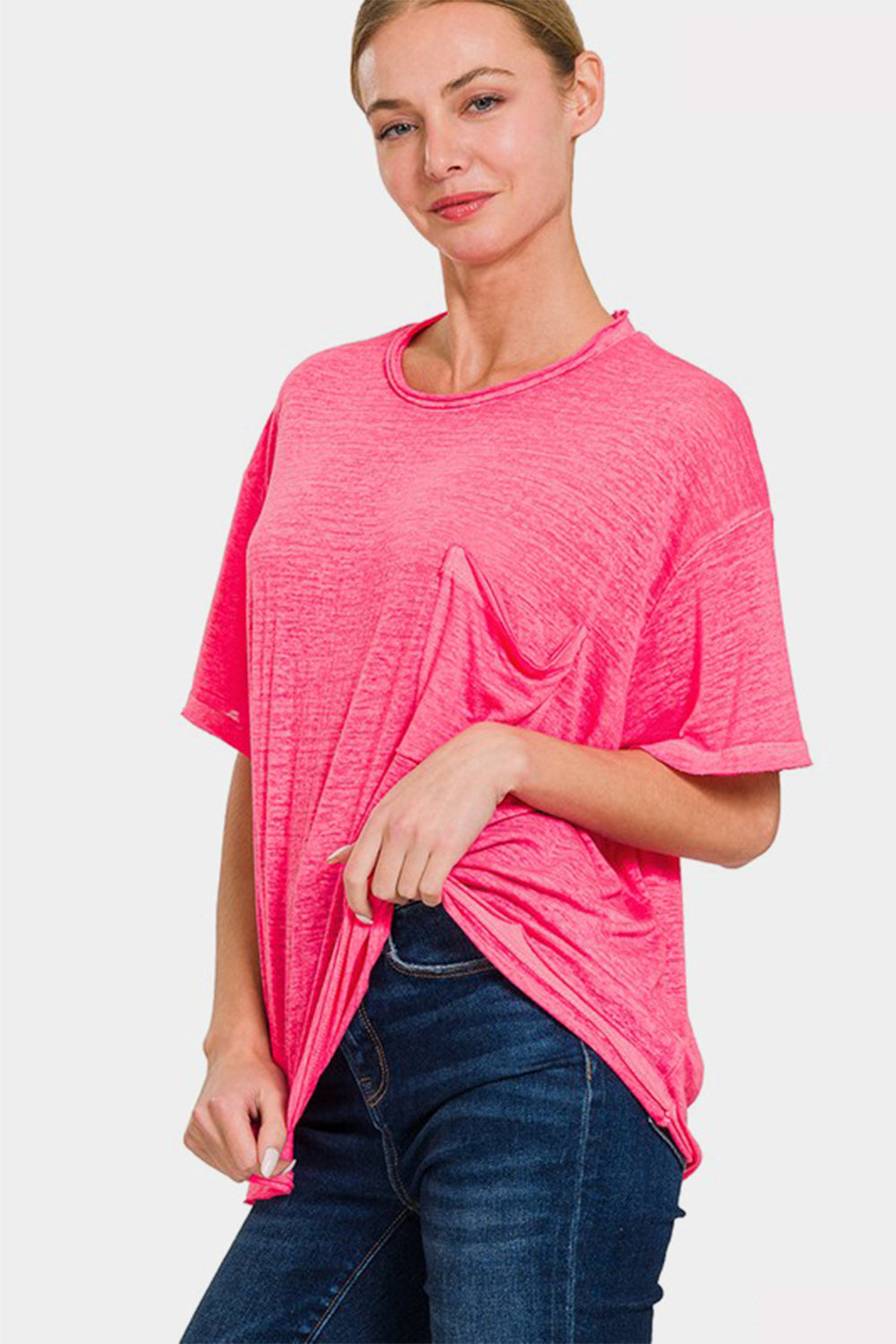 Zenana Pocketed Round Neck Dropped Shoulder T-Shirt  Trendsi   