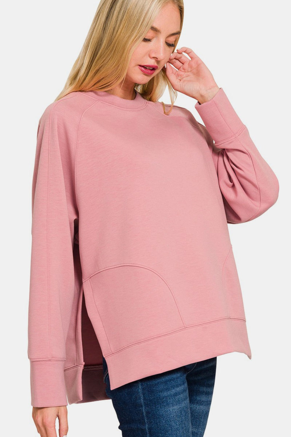 Zenana Scuba Round Neck Side Slit Sweatshirt  Trendsi Lt Rose S 