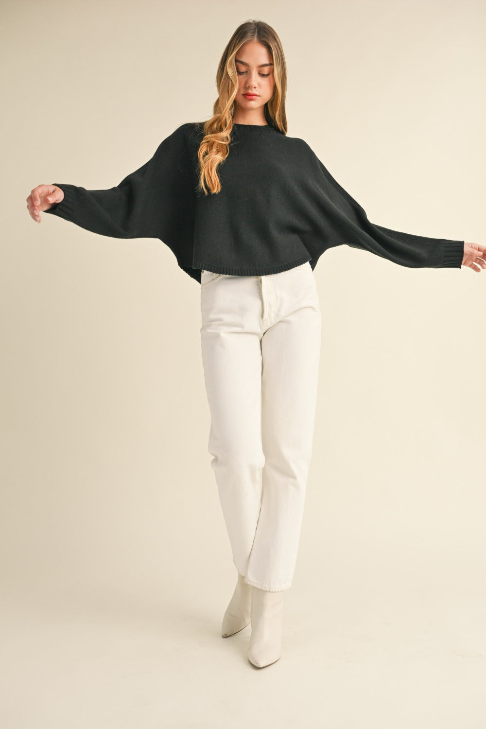 Mable Round Neck Dolman Sleeve Cropped Sweater  Trendsi   