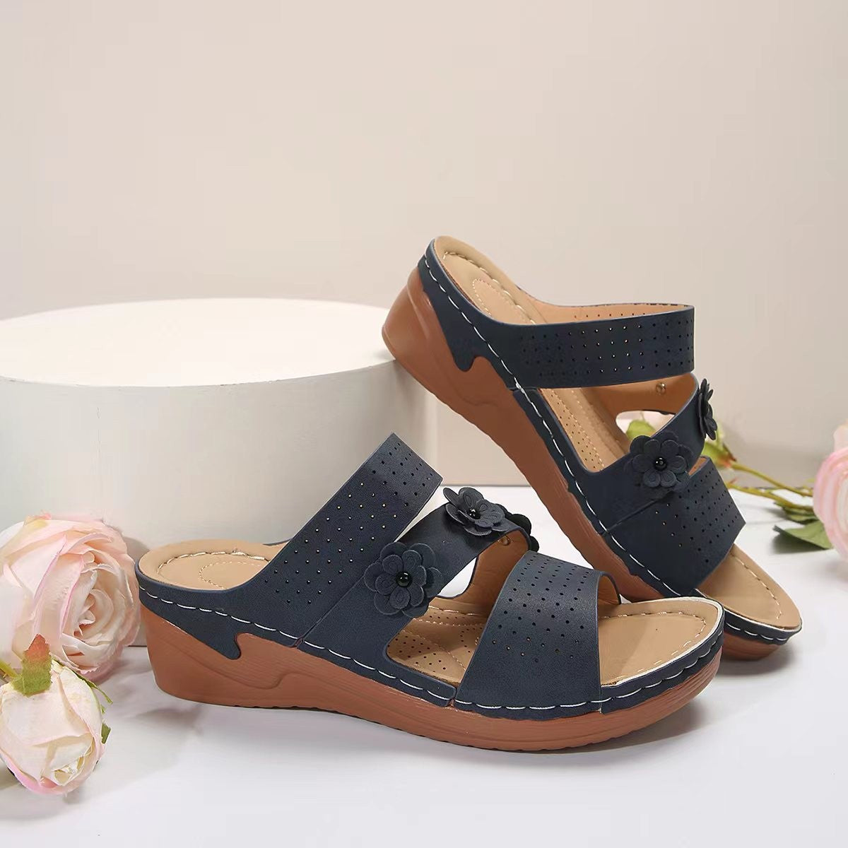 Flower PU Leather Wedge Sandals  Trendsi Dark Blue 36(US5) 