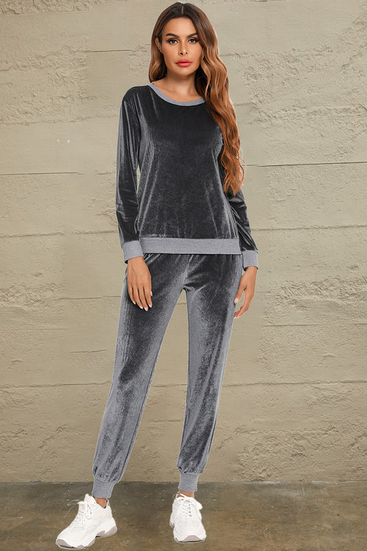 Round Neck Long Sleeve Loungewear Set with Pockets  Trendsi Charcoal S 