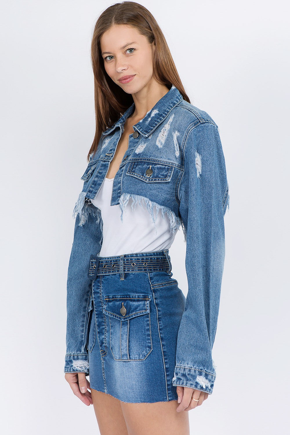 American Bazi Distressed Denim Jacket with Frayed Hem  Trendsi   