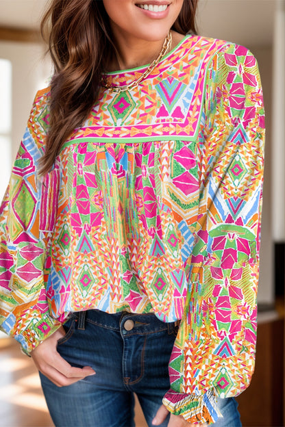 Geometric Printed Round Neck Long Sleeve Blouse Blouse Trendsi Hot Pink S 