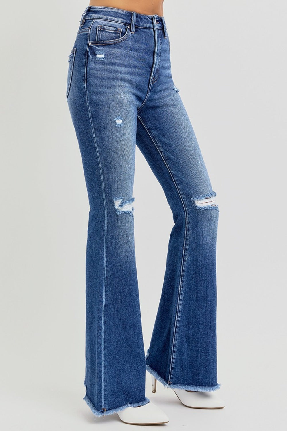 RISEN Full Size High Rise Distressed Raw Hem Flare Jeans  Trendsi   