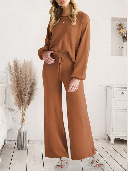 Long Sleeve Lounge Top and Drawstring Pants Set  Trendsi Caramel S 