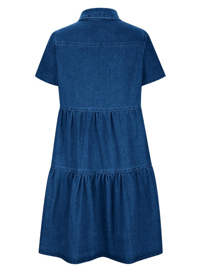 Pocketed Button Up Collared Neck Short Sleeve Denim Dress Dress Trendsi   