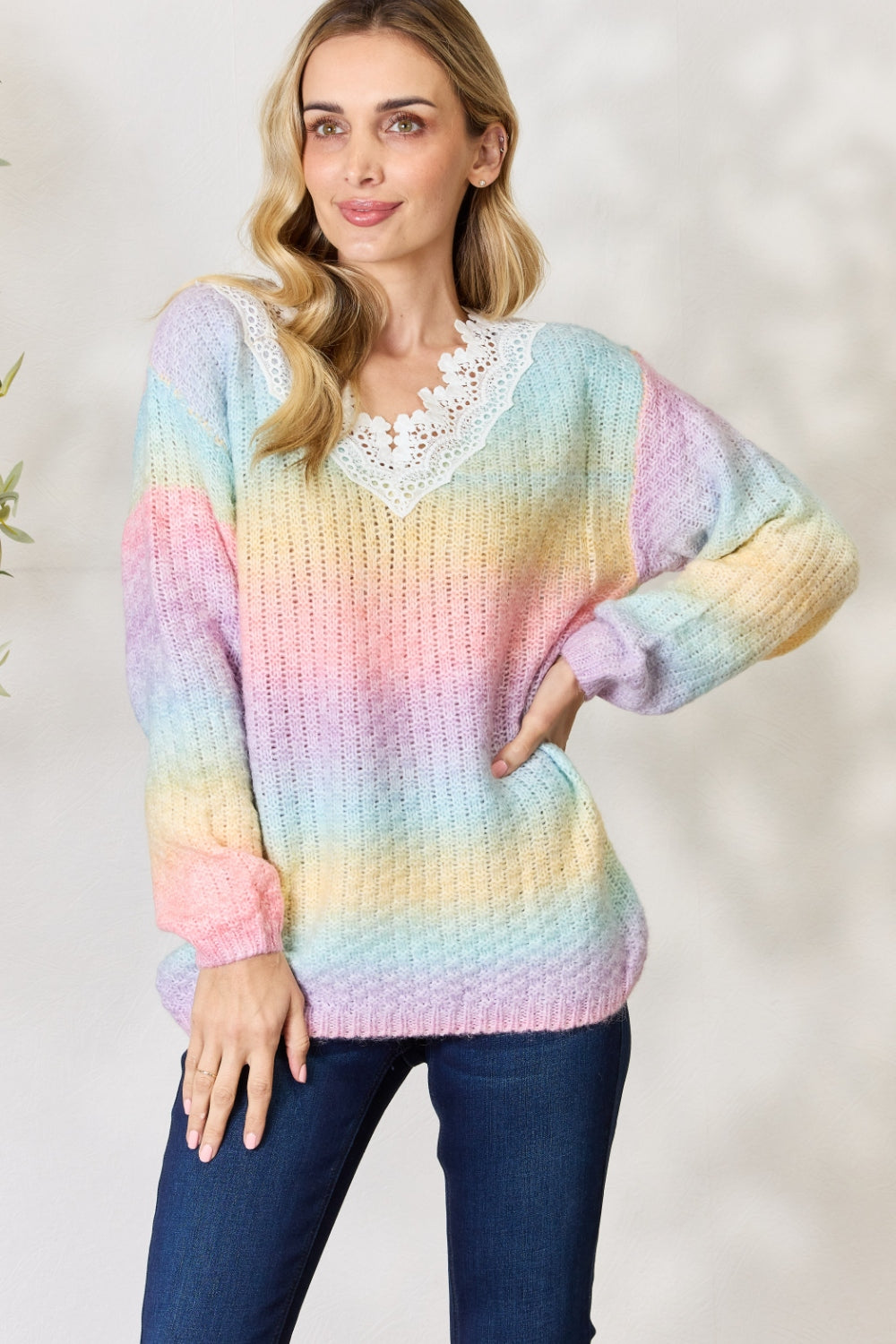 BiBi Rainbow Gradient Crochet Deetail Sweater  Trendsi Pink Multi S 