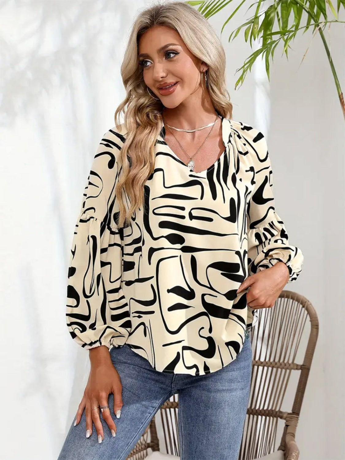 Printed Notched Long Sleeve Blouse  Trendsi   