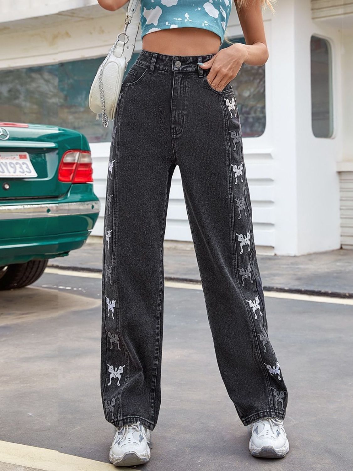 Embroidered Butterfly Jeans with Pockets  Trendsi   