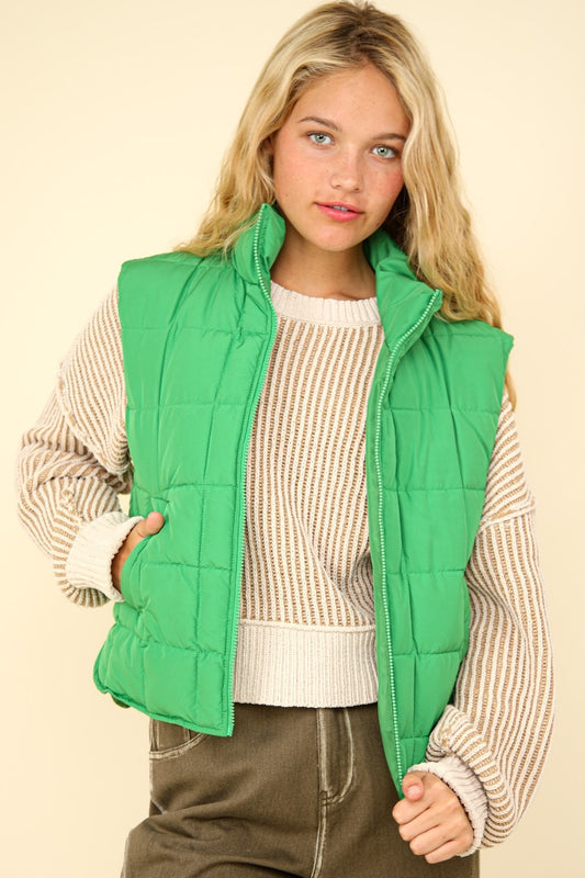 VERY J Zip Up Puffer Padded Warm Vest Luxe Trendsi Kelly Green S 