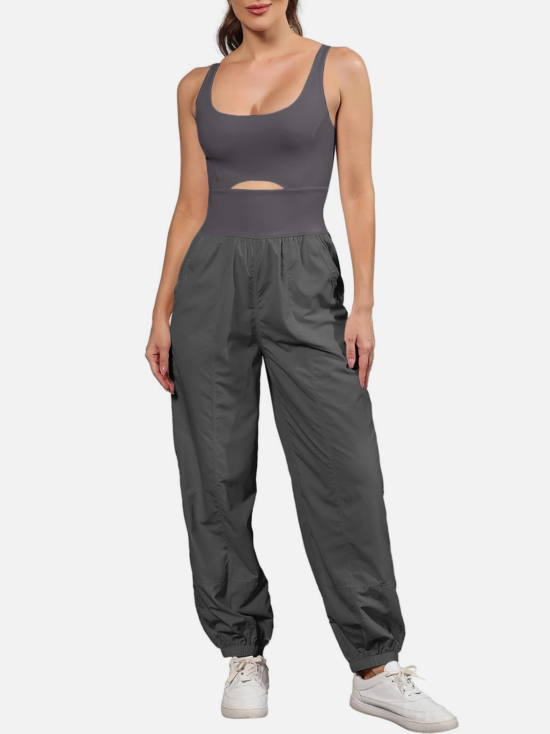 Cutout Scoop Neck Wide Strap Jumpsuit  Trendsi Dark Gray S 