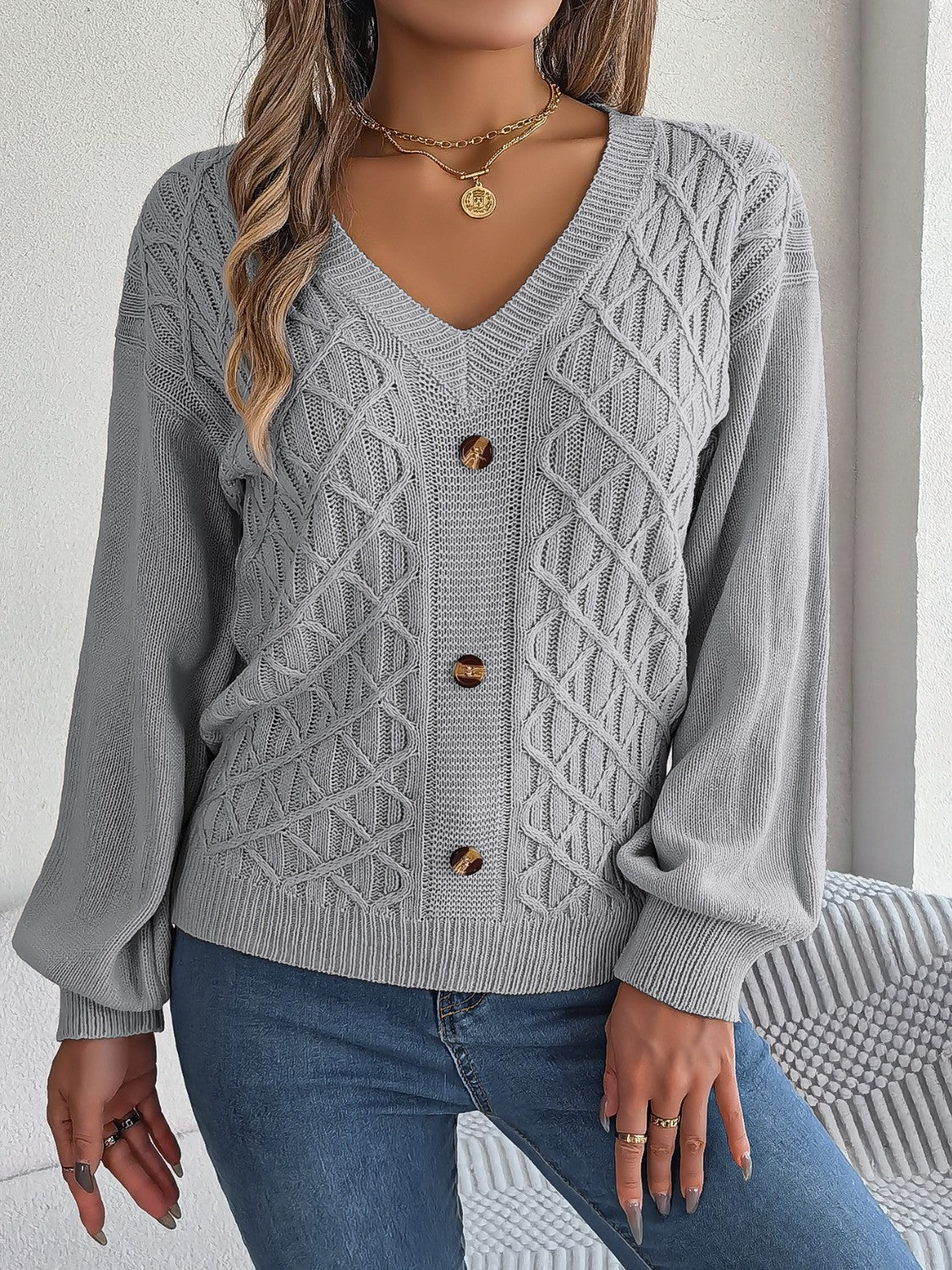 Cable-Knit V-Neck Lantern Sleeve Sweater  Trendsi Charcoal S 