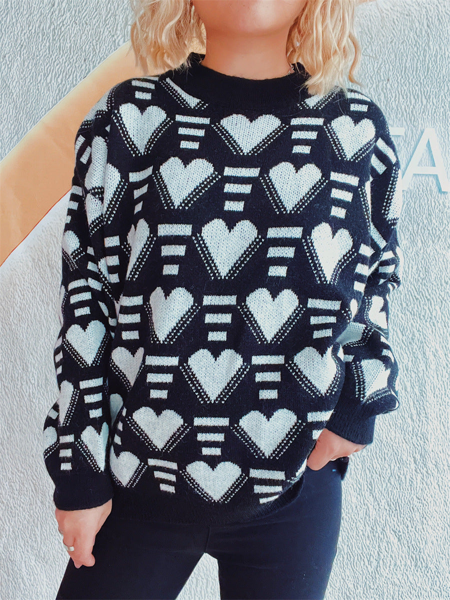 Heart Contrast Long Sleeve Dropped Shoulder Sweater  Trendsi Black One Size 