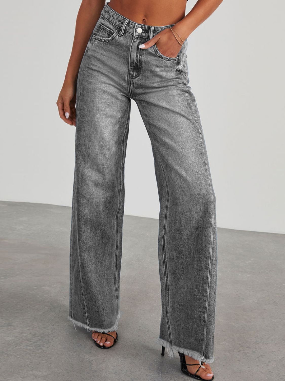 Raw Hem Wide Leg Jeans with Pockets  Trendsi Dark Gray S 