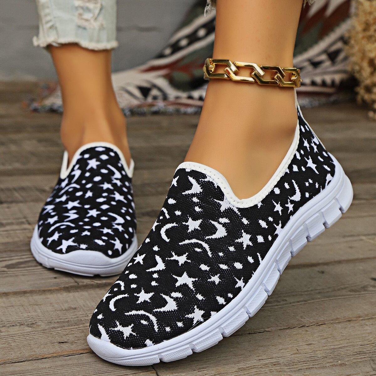 Star & Moon Pattern Flat Loafers  Trendsi   