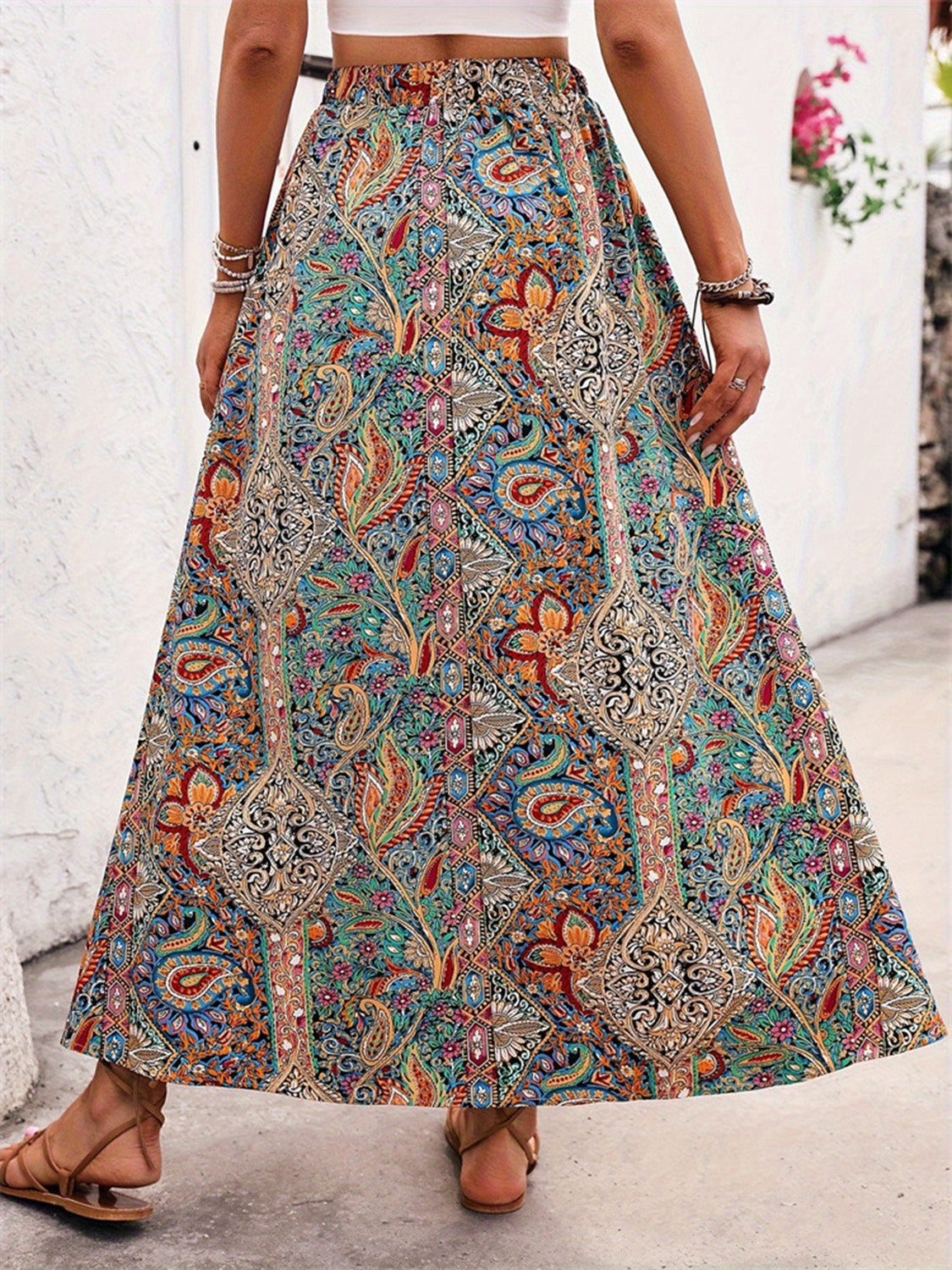 Slit Printed Elastic Waist Skirt  Trendsi   