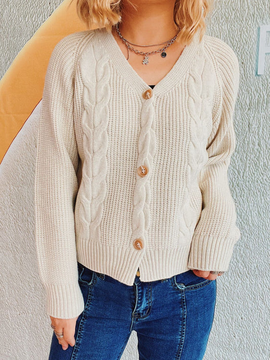 Cable-Knit V-Neck Button Down Long Sleeve Cardigan  Trendsi Beige One Size 