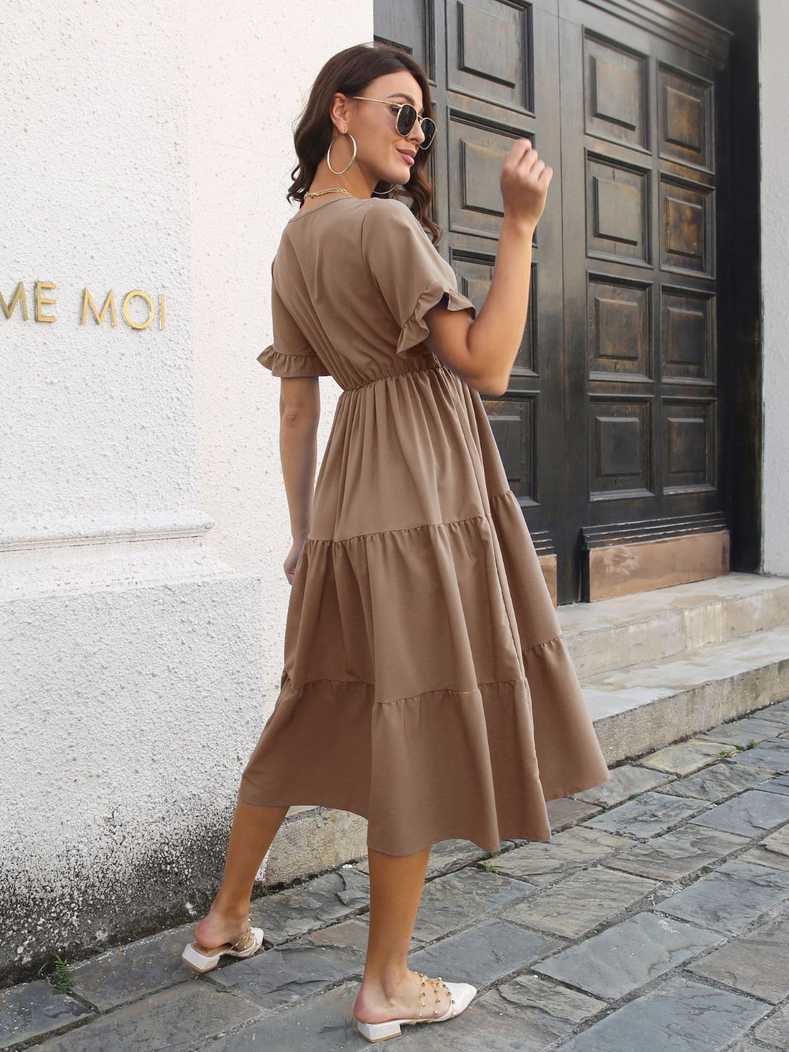 V-Neck Short Sleeve Midi Dress Dress Trendsi   