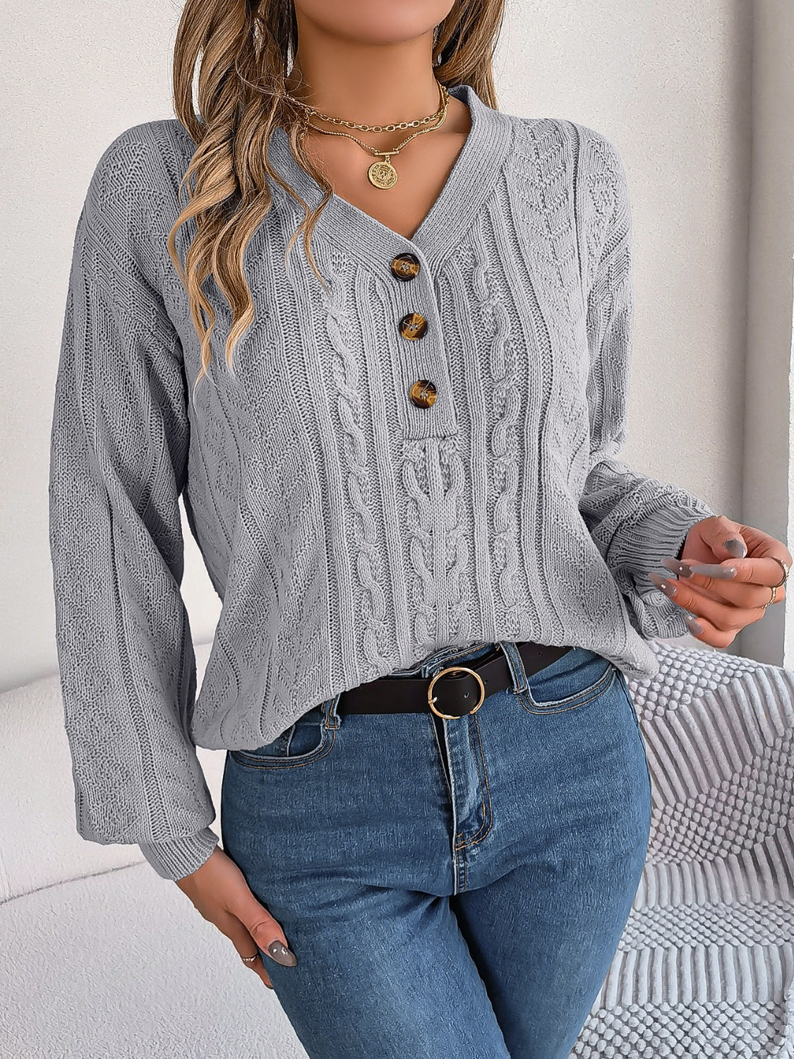 Cable-Knit V-Neck Long Sleeve Sweater  Trendsi   