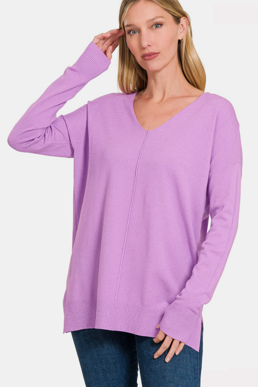 Zenana Slit V-Neck Dropped Shoulder Sweater  Trendsi BLAVENDER S/M 