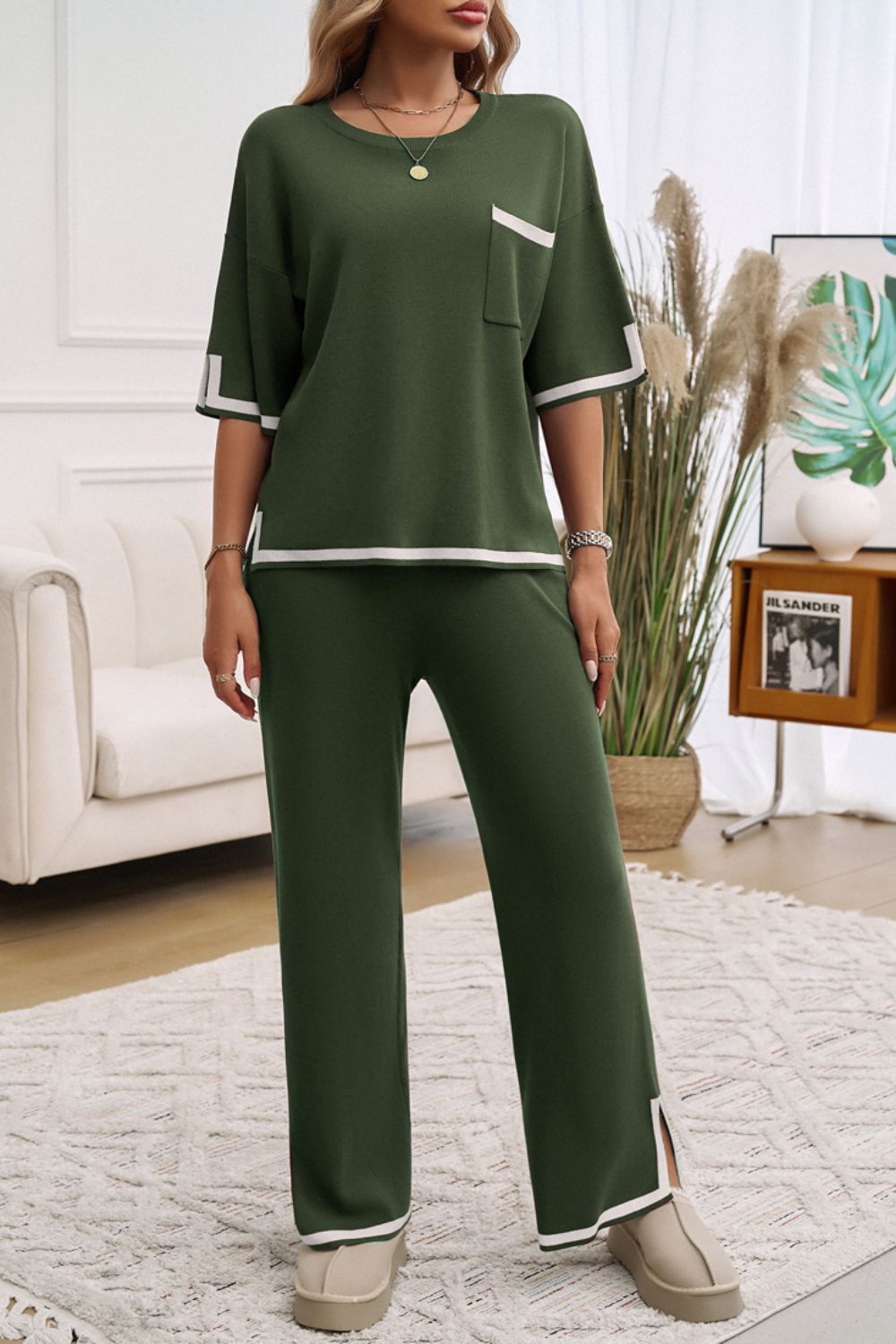 Devine Contrast Trim Half Sleeve Top and Pants Set  Trendsi   