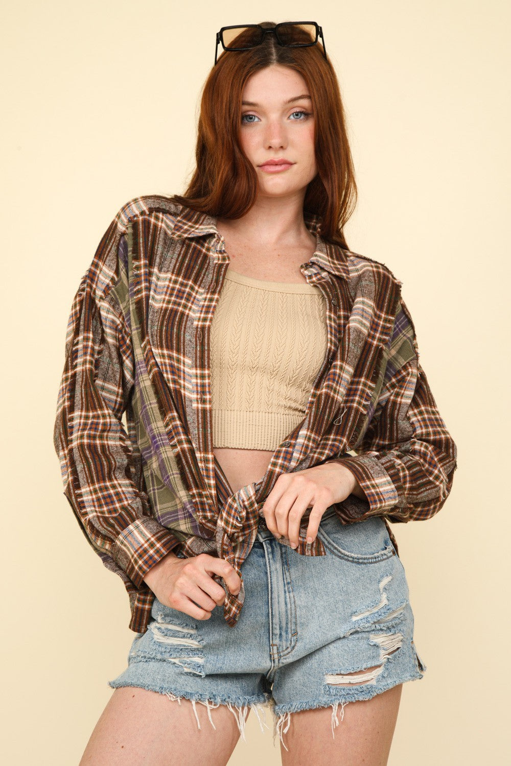 VERY J Contrast Plaid Raw Detail Shirt  Trendsi Mocha S 