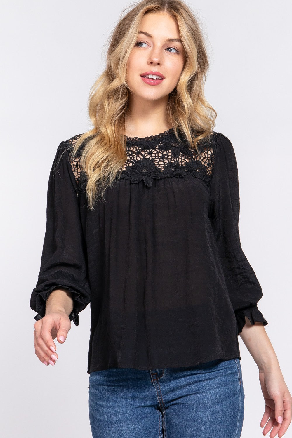 ACTIVE BASIC Crochet Lace Panel Flounce Sleeve Blouse  Trendsi Black S 