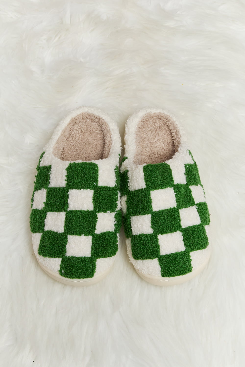 Melody Checkered Print Plush Slide Slippers  Trendsi Green S 