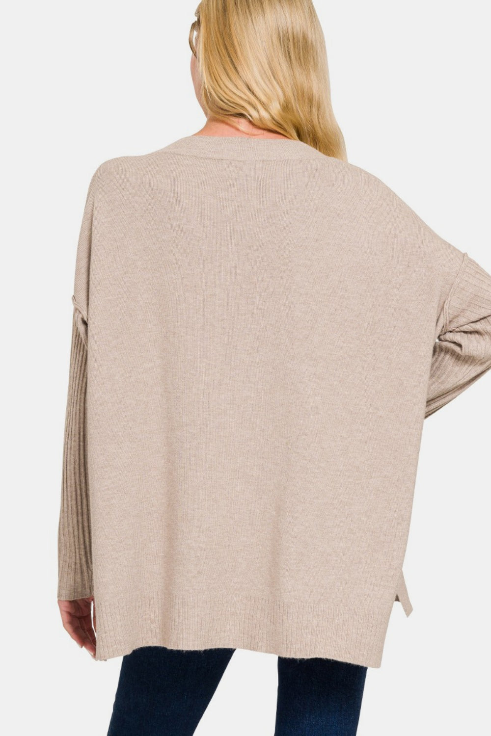 Zenana V-Neck Side Slit High-Low Sweater  Trendsi   