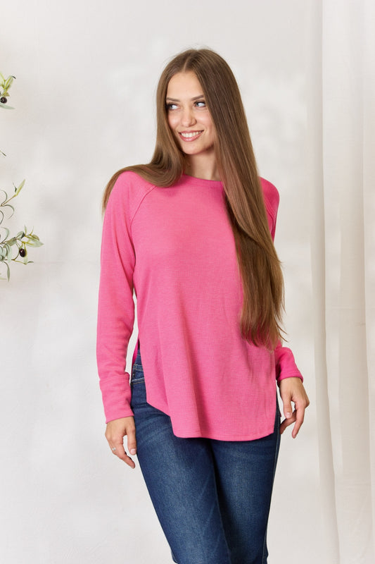 Zenana Round Neck Long Sleeve Slit Top Blouse Trendsi Fuchsia S 