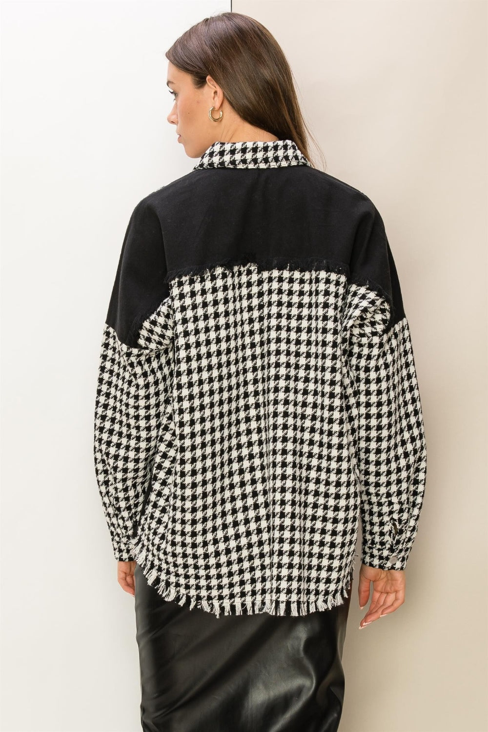 HYFVE Houndstooth Contrast Raw Hem Jacket  Trendsi   