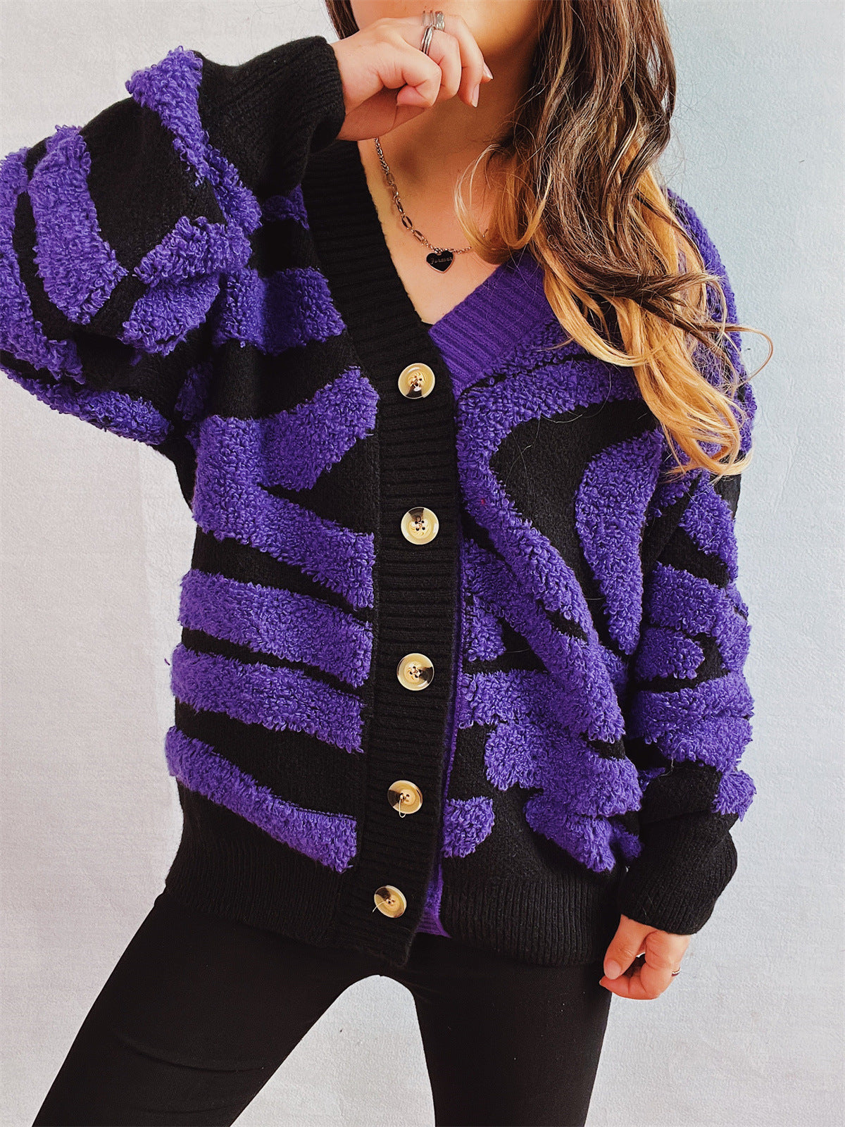 Contrast Button Up Long Sleeve Cardigan  Trendsi Purple One Size 