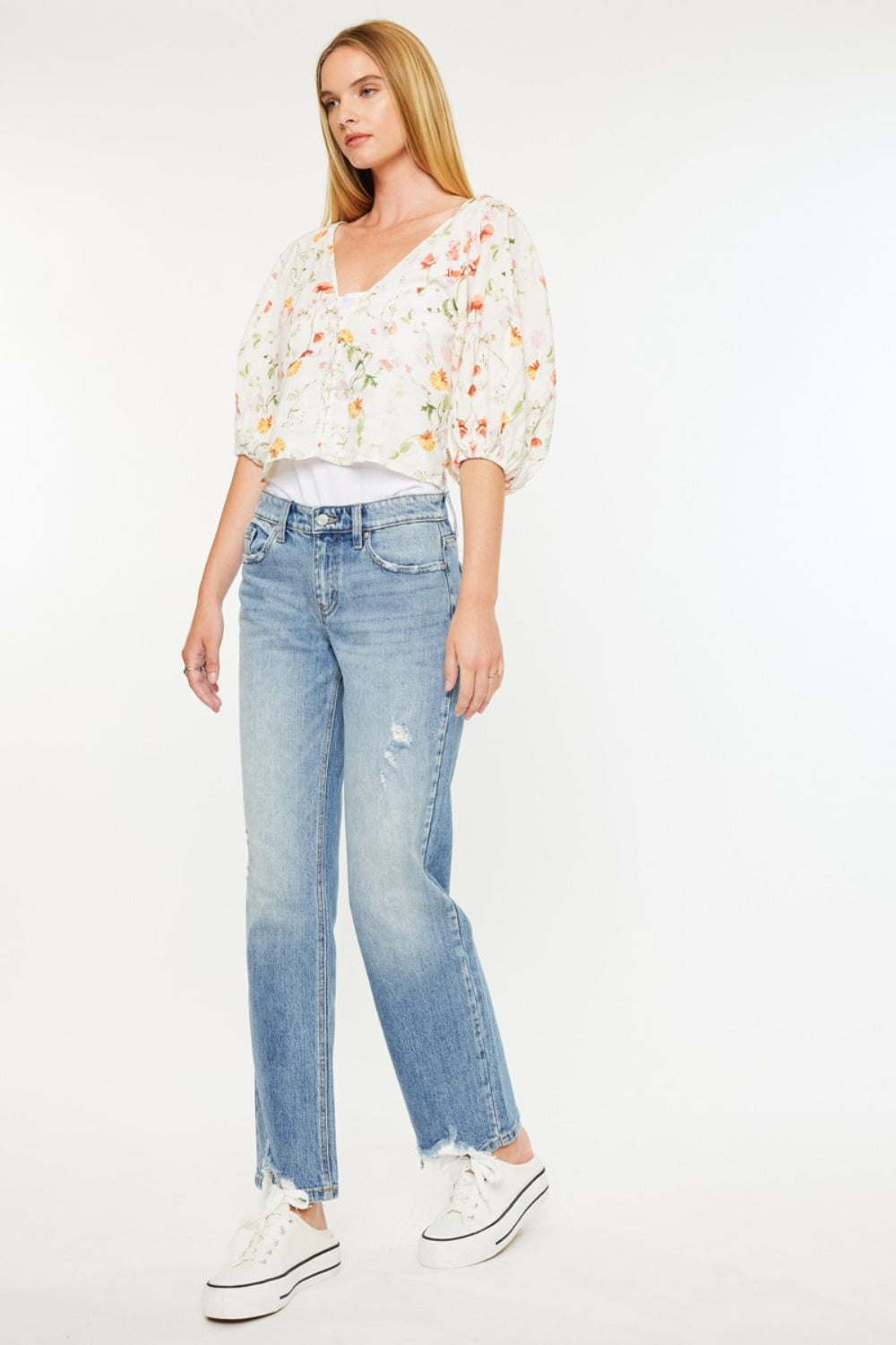 Kancan Mid Rise Frayed Hem Straight Jeans  Trendsi   