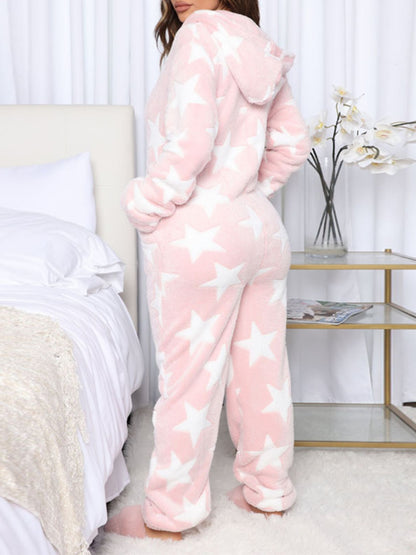 Printed Zip Up Long Sleeve Hooded Lounge Jumpsuit  Trendsi   