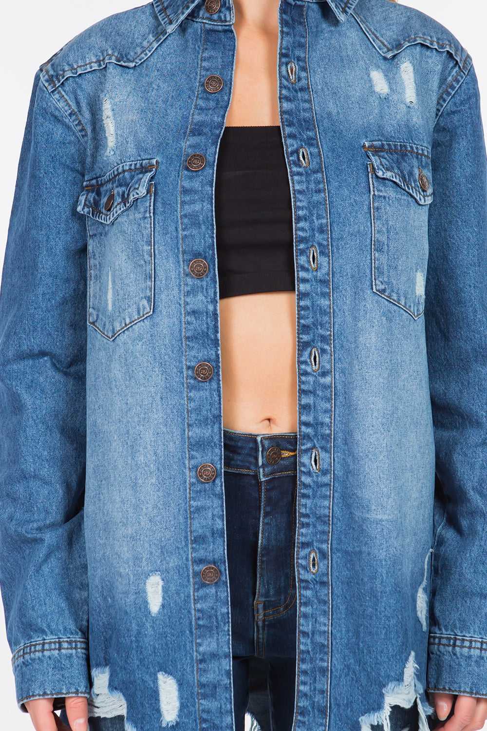 American Bazi Distressed Frayed Hem Denim Jacket  Trendsi   