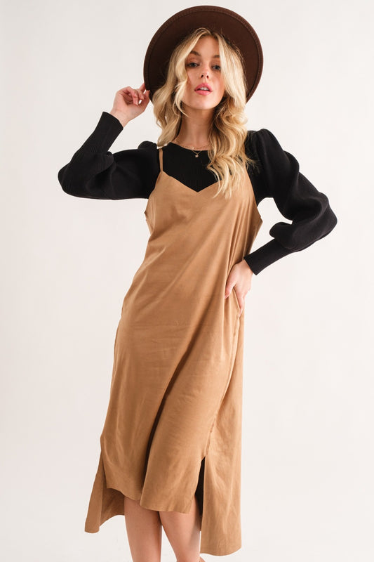 And The Why Faux Suede Cut Edge Slit Cami Midi Dress Luxe Trendsi Khaki S 