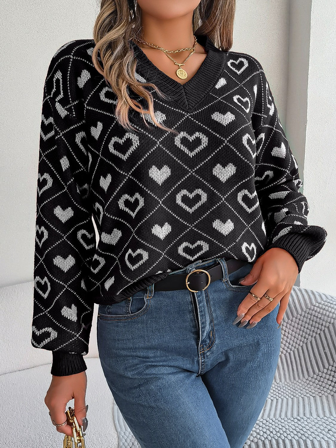 Heart Pattern V-Neck Long Sleeve Sweater  Trendsi   