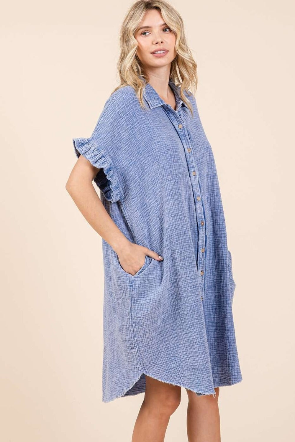 Mittoshop Mineral Wash Cotton Gauze Mini Shirt Dress  Trendsi   