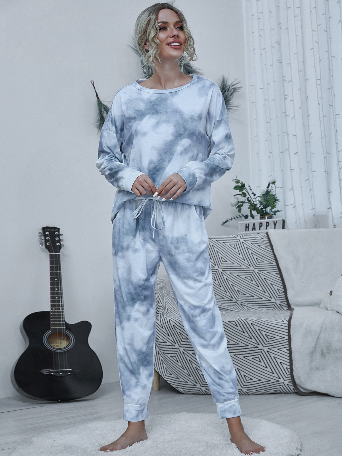 Shiny Tie-dye Round Neck Top and Drawstring Pants Lounge Set  Trendsi Cloudy Blue S 