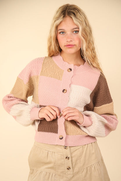 VERY J Color Block Button Down Textured Sweater Cardigan Luxe Trendsi   