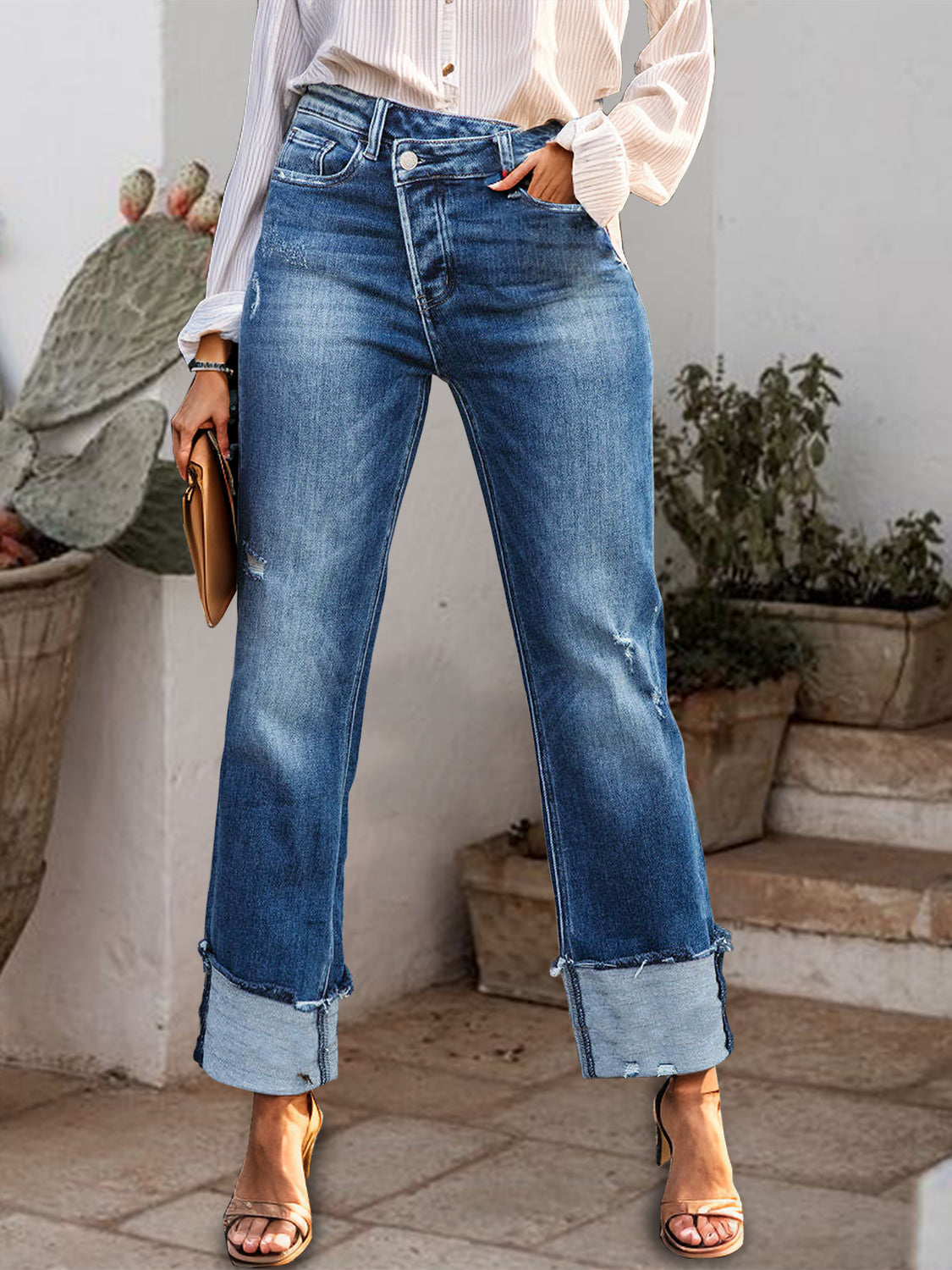 Stepped Waist Raw Hem Rolled Straight Jeans